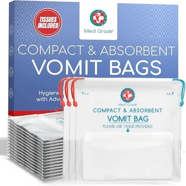 Medi Grade Absorbent Sick Bags for Car Travel, Boat or Plane - Pack of 22 Leakproof Travel Sickness Vomit Bags with Zero Odour &ndash; Sealable Travel Sick Bags, Turns Vomit to Gel, Holds Up to 750ml.