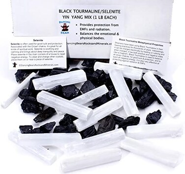 DANCING BEAR Black TourmalineSelenite Combo Pack (1 LB EachBulk Rough Raw Natural Stones for Good Vibes, Healing Crystals, Info Cards, Cleansing Energy, Made in USA.