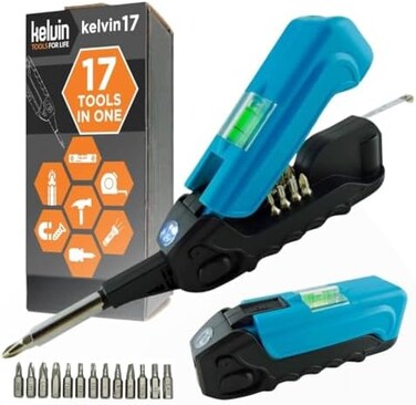 Kelvin Tools Kelvin 17The Palm-Sized Everyday Multi-Tool Set17 Integrated Tools: 13 Bit Screwdriver Set, Tape Measure, Liquid Level, Hammer, and Flashlight (Black/Blue.