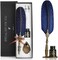 VANGOAL (Blue- Vintage Carving Feather Pen Set, Glittering Quill Pen Set Antique Calligraphy Writing Dip Pen with Ink, 2 Replacement Nibs, Pen Stand Base, Luxury Vintage Signature Pen (Blue.