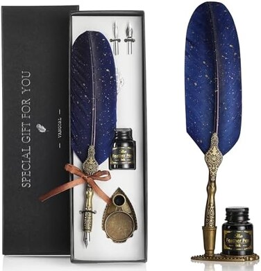 VANGOAL (Blue- Vintage Carving Feather Pen Set, Glittering Quill Pen Set Antique Calligraphy Writing Dip Pen with Ink, 2 Replacement Nibs, Pen Stand Base, Luxury Vintage Signature Pen (Blue.