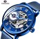 Dentily Men's Skeleton Watch Classic Roman Numeral Steampunk Mechanical Watch Hand-Wind Mens Watches (Blue.