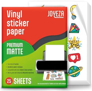 JOYEZA Premium Printable Vinyl Sticker Paper for Inkjet Printer - 25 Sheets Matte White Waterproof, Dries Quickly Vivid Colors, Holds Ink well- Tear ResistantLaser.