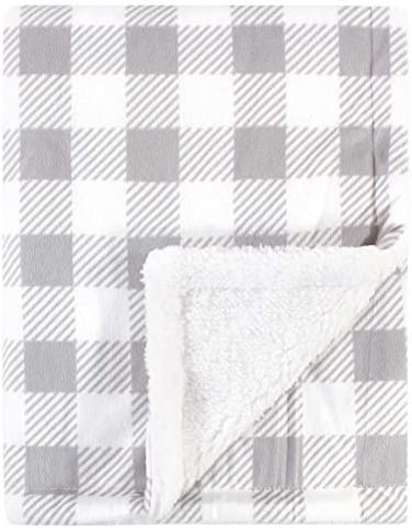 Hudson Baby Unisex Baby Plush Mink and Sherpa Blanket, Gray Plaid, One Size.