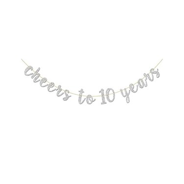 INNORU Glitter Silver Cheers to 10 Years Banner - Child 10th Birthday Sign Bunting 10th Wedding Anniversary Party Bunting Decoration.