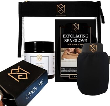 MS Moroccan Black Soap and Exfoliating Glove Kit for Body Scrub - Dead Skin Remover And Deep Pore Cleanser - incl.