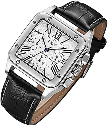 Gute Mens Watches, Mechanical Calendar Automatic Self-Winding Roman Numeral PU Leather Wrist Watch with Blue Hands.