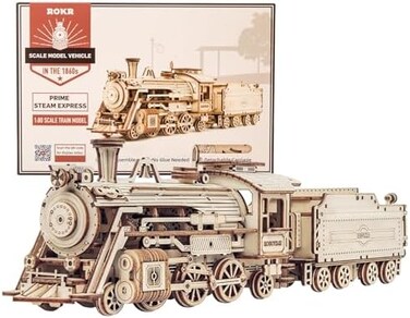 ROKR 3D Wooden Puzzle-Mechanical Car Model-Self Building Vehicle Kits-Brain Teaser Toys-Best Gift for Adults and Kids on Birthday/Christmas Day (Prime Steam Express(with Carriage.