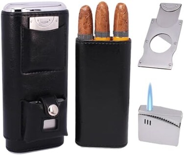 Amancy Elegant 3 Holder Black Cigar Case Set With Lighter And Cutter Kit.