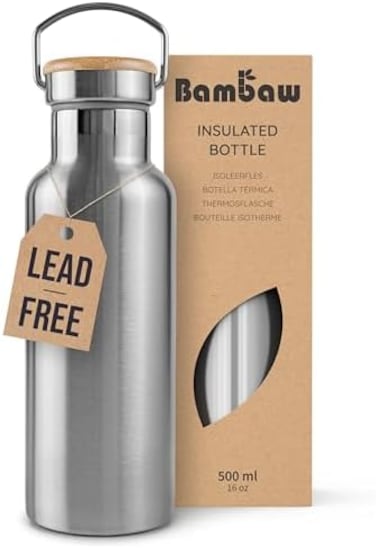 Bambaw Stainless Steel Water Bottle 500 mlThermos FlaskInsulated BottleEco FlaskReusable Water BottleStainless Steel Bottle without PlasticKeeps Hot and Cold Bamboo Bottle.