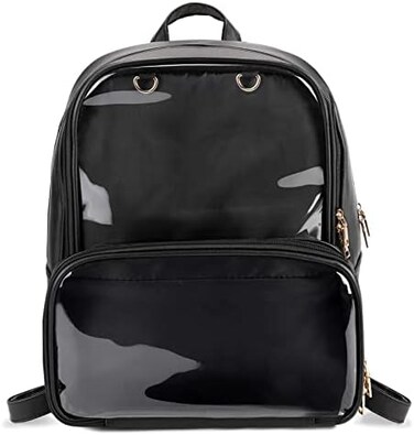 SteamedBun Ita Bag Double Window Candy PU Leather Backpack Kawaii Pins Bag (Black-Large.