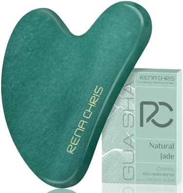 Rena Chris Gua Sha Facial Tools, Natural Jade Stone Guasha Tool, Manual Massage Sticks for Jawline Sculpting and Puffiness Reducing, Gua Sha Scraping Massage Tool, Skin-Care Gift (Green.