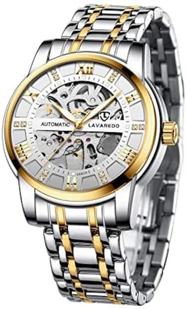 A ALPS Men&rsquo;s Watch Black Mechanical Stainless Steel Skeleton Waterproof Automatic Self-Winding Roman Numerals Diamond Dial Wrist Watch.