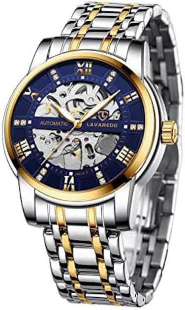 A ALPS Men&rsquo;s Watch Black Mechanical Stainless Steel Skeleton Waterproof Automatic Self-Winding Roman Numerals Diamond Dial Wrist Watch.