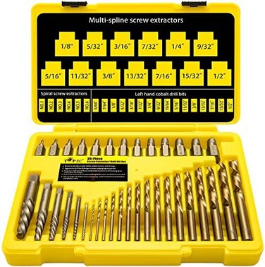 Topec 35-Piece Screw Extractor and Drill Bit Set, bolt extractors, Multi-spline Extractors, and Drill Bits for Removeing Broken Studs, Bolts, Socket Screws, and Fittings.