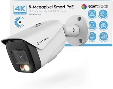 كاميرا Amcrest UltraHD 4K (8MPIP PoE AI، مجال الرؤية 129، رؤية ليلية ملونة 49 قدمًا، كاميرا رصاصة أمنية خارجية، كشف المركبات البشرية، رادع نشط، 4K @15fps، IP8M-2796EW-AI (أبيض).