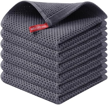 Kitinjoy 100% Cotton Kitchen Dish Cloths, 6 Pack Waffle Weave Ultra Soft Absorbent Dish Towels for Drying Dishes Quick Drying Kitchen Towels Dish Rags, 12 X 12 Inches, Dark Grey.