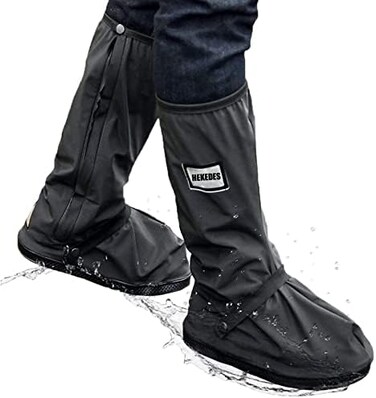 HEKEDES Waterproof Shoe Covers, ReusableFoldable Rain Boot Shoe Cover with Zipper, Non-slip, Reflector, Men Women Rain Gear, Black.