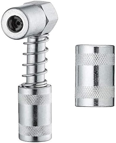 Slippery Pete 90 Degree Grease Gun Coupler Snaps onto Grease Fittings in Tight Spaces.