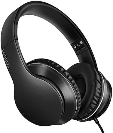 LORELEI X6 Over-Ear Headphones with Microphone, Lightweight FoldablePortable Stereo Bass Headphones with 1. 45M No-Tangle, Wired Headphones for Smartphone Tablet MP3 / 4 (Space Black.