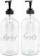Cornucopia Brands Glass Pump Soap Dispenser Bottles (Set of 2, 16oz; Clear Glass Pre-Labeled in Decorative Script with Hands and Dishes, BPA-Free Black Plastic Pump Tops.