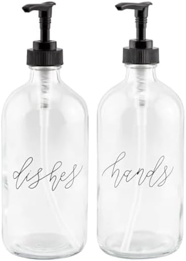 Cornucopia Brands Glass Pump Soap Dispenser Bottles (Set of 2, 16oz; Clear Glass Pre-Labeled in Decorative Script with Hands and Dishes, BPA-Free Black Plastic Pump Tops.