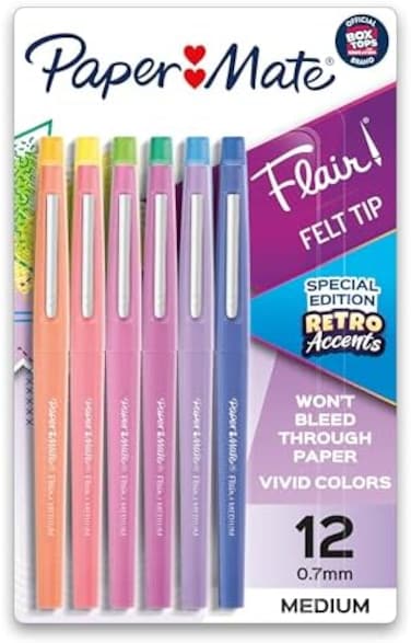 أقلام Paper Mate Flair ذات رأس لباد، رأس متوسط، متنوعة، إصدار خاص بلمسات كلاسيكية، عبوة من 12 قلمًا.
