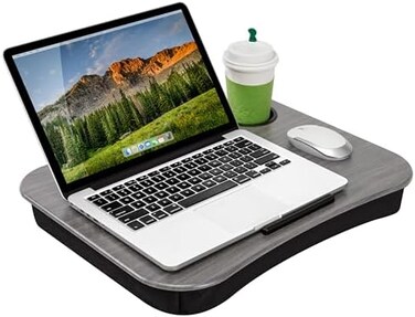 LAPGEAR Cup Holder Lap Desk with Device Ledge - Gray Woodgrain - Fits up to 14 Inch Laptops - Style No. 46325.