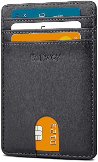 Buffway Mens RFID Blocking Slim Bifold Wallet Minimalist Leather Small Wallets for Men with Cash Pocket and Card Holder Slots.