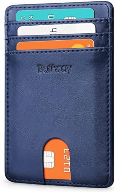 Buffway Mens RFID Blocking Slim Bifold Wallet Minimalist Leather Small Wallets for Men with Cash Pocket and Card Holder Slots.