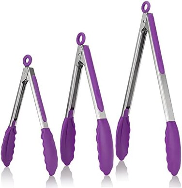 U-Taste 315℃ Heat Resistant Kitchen Tongs: 182330 cm Silicone Cooking Tong Set with Non Stick Rubber Tips and Silicon Coated 18/8 Stainless Steel Handle for Serving Grilling Salad(Purple.