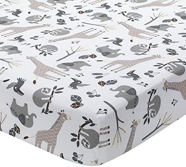 Lambs &amp; Ivy LambsIvy Baby Jungle Animals White/Gray/Taupe Cotton Fitted Crib Sheet.