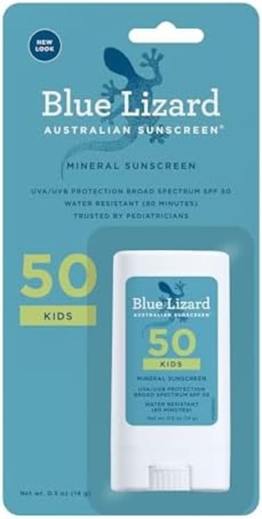 BLUE LIZARD Mineral Sunscreen Stick with Zinc Oxide SPF 50Water Resistant UVA/UVB Protection Easy to Apply Fragrance Free, Kids, Unscented, 0. 5 oz.