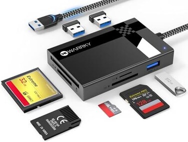 WARRKY SD Card Reader 7 IN 1, Multi Card Reader Hub for 3 USB 3. 0, 4 Memory Cards [Fast, Simultaneous, Versatile] for CF, CFI, TF, SDXC, SDHC, SD, MMC, Micro SDXC, Micro SD, Micro SDHC, MS, UHS-I.