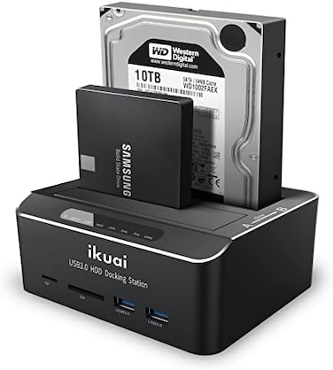 ikuai SATA to USB 3. 0 Dual Bay Hard Drive Dock for 2. 5"/3. 5" SATA HDD SSD with SD TF Card Reader 2 USB 3. 0 Port and Offline Clone Function External Hard Drive Docking Station (2X20TB and UASP Supp