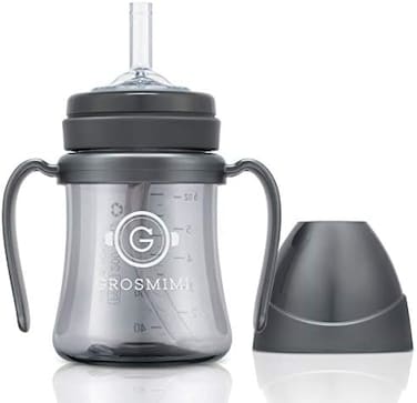 GROSMIMI Spill Proof no Spill Magic Sippy Cup with Straw with Handle for Baby and Toddlers, Customizable, PPSU, BPA Free 6 oz (Charcoal.