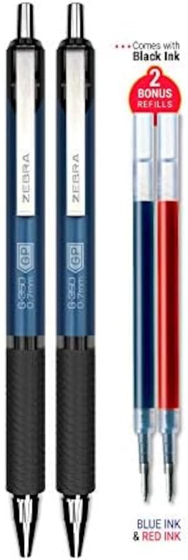 Zebra Pen G-350 Retractable Gel Pen, Cobalt Blue Premium Metal Barrel, Medium Point, 0. 7mm, Black Ink, 2-Pack Plus Refills.