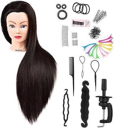 MORRIS 28Inch Mannequin Head With Synthetic Fiber Hair Styling Training Manikin Cosmetology Doll Head With Clamp Stand (Black.
