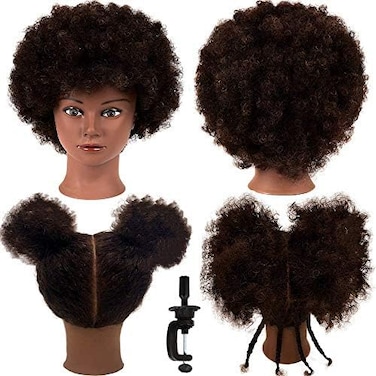 MORRIS (color-SY-01- Mannequin Head 100% Human Hair Training Head Afro Hair Manikin Head African American Training Hair Head Manikin Cosmetology Doll for Hairdresser Practise Styling Braiding with Cla