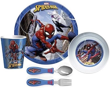 Zak Designs Marvel Spider-Man - 5-Piece Dinnerware Set - Durable PlasticStainless Steel - Includes Tumbler, 8-Inch Plate, 6-Inch Bowl, ForkSpoon - Suitable for Kids Ages 3.