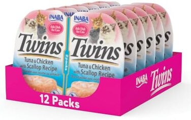 INABA Twins للقطط، جيلي مرق الدجاج المبشور الخالي من الحبوب، طبق جانبي/مكمل/إضافي، 1.23 أونصة لكل حصة، 14.76 أونصة إجمالاً (12 حصة، وصفة التونة والدجاج مع الإسكالوب).