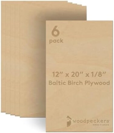 Woodpeckers Baltic Birch Plywood, 3 mm 1/8 x 12 x 20 Inch Craft Wood, Pack of 6 B/BB Grade Baltic Birch Sheets, Perfect for Laser, CNC Cutting and Wood Burning,.