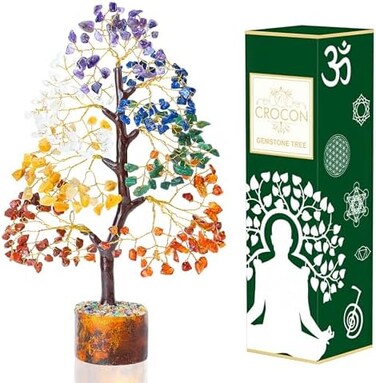 Crocon Seven Chakra Gemstone Money Tree Feng Shui Bonsai for Chakra Stone Balancing Reiki Crystal Healing Home Decoration Gifts Good Luck Sculpture Wealth Spiritual Ornaments Figurine Size: 10-1.