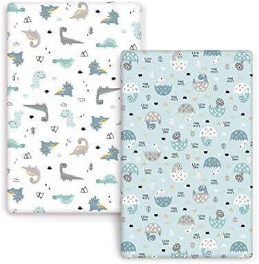 GRSSDER Stretch Ultra Soft Jersey Knit Fitted Pack n Play Sheets Set 2 Pack. Portable/Mini Crib Playards Sheets, Happy Dinosaurs for Girls and Boys&hellip;.