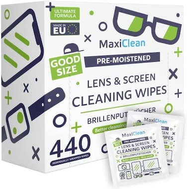 Maxi Clean Lens Wipes - 440 Pre-moistened Eyeglass Cleaning Wipes - Cleaner for Glasses, Laptops Screens, Binoculars, Optical Lens, Watch Screens, Made in Europe.