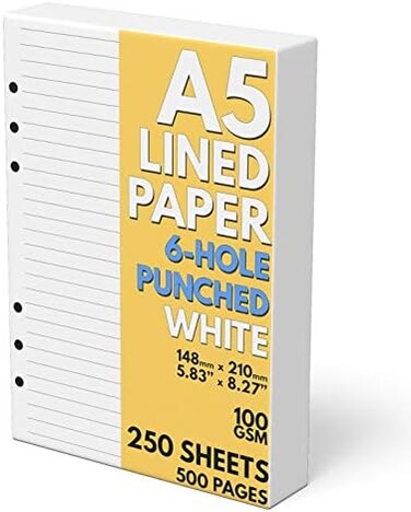 Sort Out My Life A5 Lined Paper 6-Hole Punched, 250 Sheets (500 Pages, 100 GSM, A5 Binder Refill.