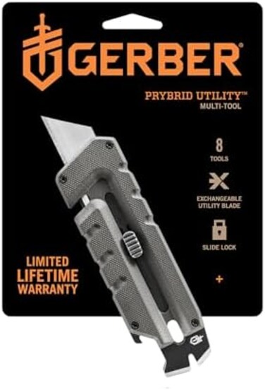 Gerber Gear Prybrid Utility Knife - 8-in-1 Multi-Tool with Pry Bar, Nail Puller, Wire Stripper, Drivers, Bottle Opener, Cord Cutter - EDC Knife - Grey G10 Handle.
