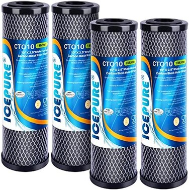 خرطوشة فلتر مياه كربونية ورواسب منزلية كاملة من ICEPURE 1 ميكرون 2.5 بوصة × 10 بوصة متوافقة مع DuPont WFPFC8002، WFPFC9001، SCWH-5، WHCF-WHWC، WHCF-WHWC، FXWTC، CBC-10، وحدة التناضح العكسي، عبوة من 4