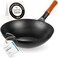 YOSUKATA Carbon Steel Wok Pan &ndash; 13,5 &ldquo; Woks and Stir Fry Pans - Chinese Wok with Flat Bottom Pow Wok - Traditional Chinese Japanese Woks - Black Wok For Electric Stove, Induction, Gas Stovetops.