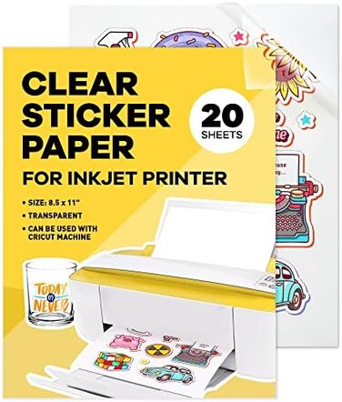Paper Plan 90% Clear Sticker Paper for Inkjet Printer (20 Sheets- Glossy 8. 5 x 11 - Printable Vinyl Sticker Paper for Cricut - Printable Sticker Paper - Transparent - Adhesive - Clear Sheets - Clear